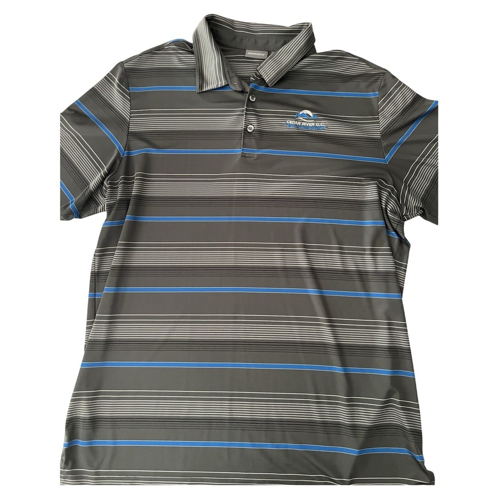 Ashworth Mens 2XL Gray‎ Blue Striped Golf Polo Shirt Cedar River Shanty Creek GC